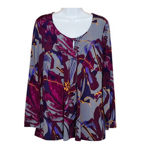 Daisy Fuentes Blouse Top L Purple Floral Babydoll V-Neck High Waist Long Sleeve